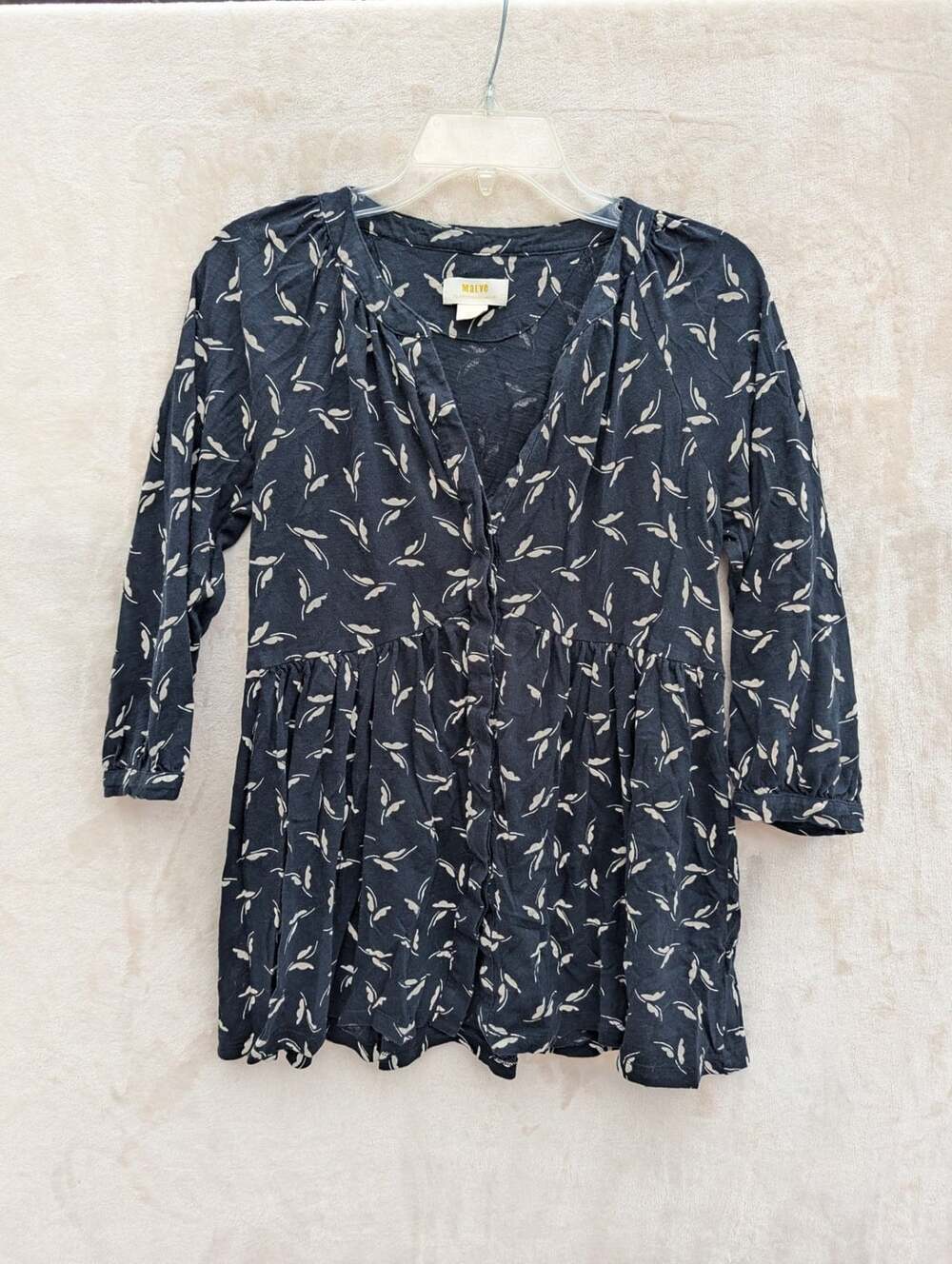 Anthropologie Maeve Winona Babydoll Tunic Black White Leaf Print 3/4 Sleeve S